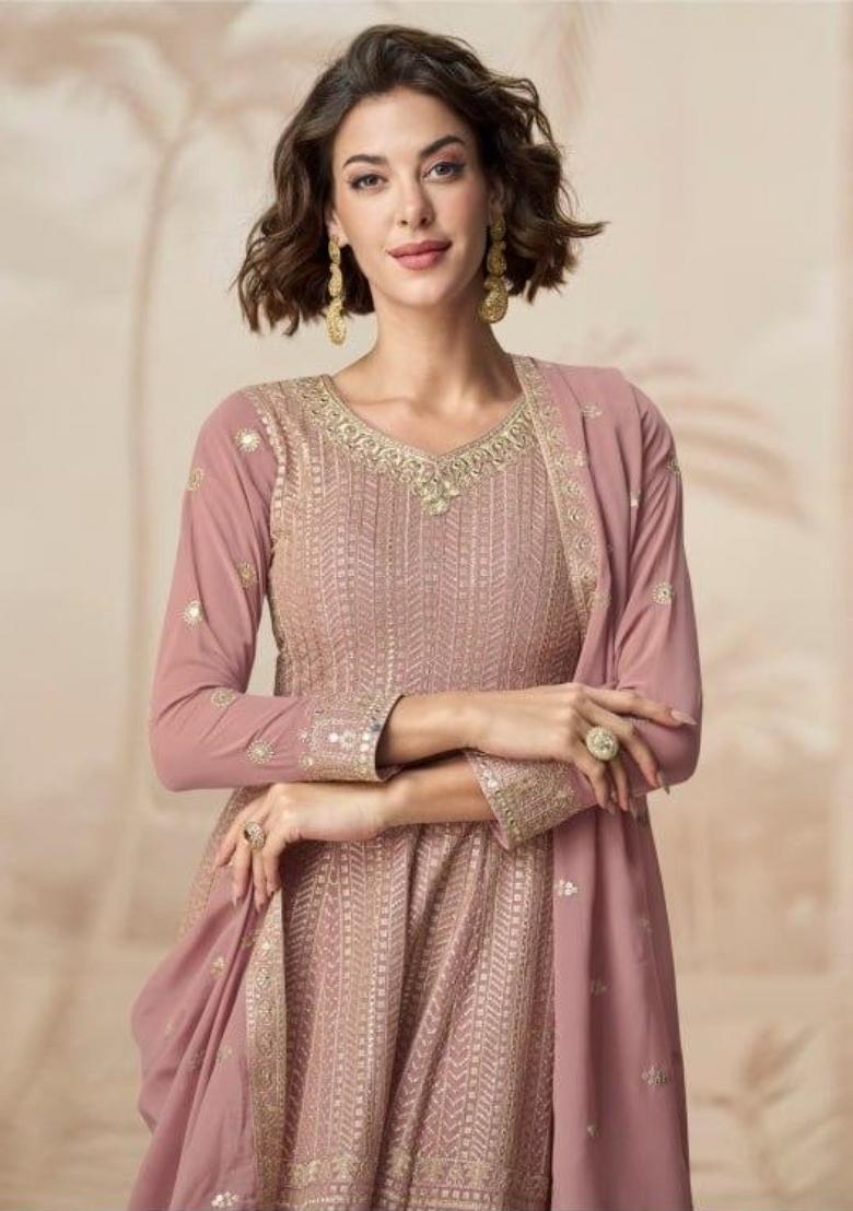 peach Zari Work Georgette Salwar Suit - Indya