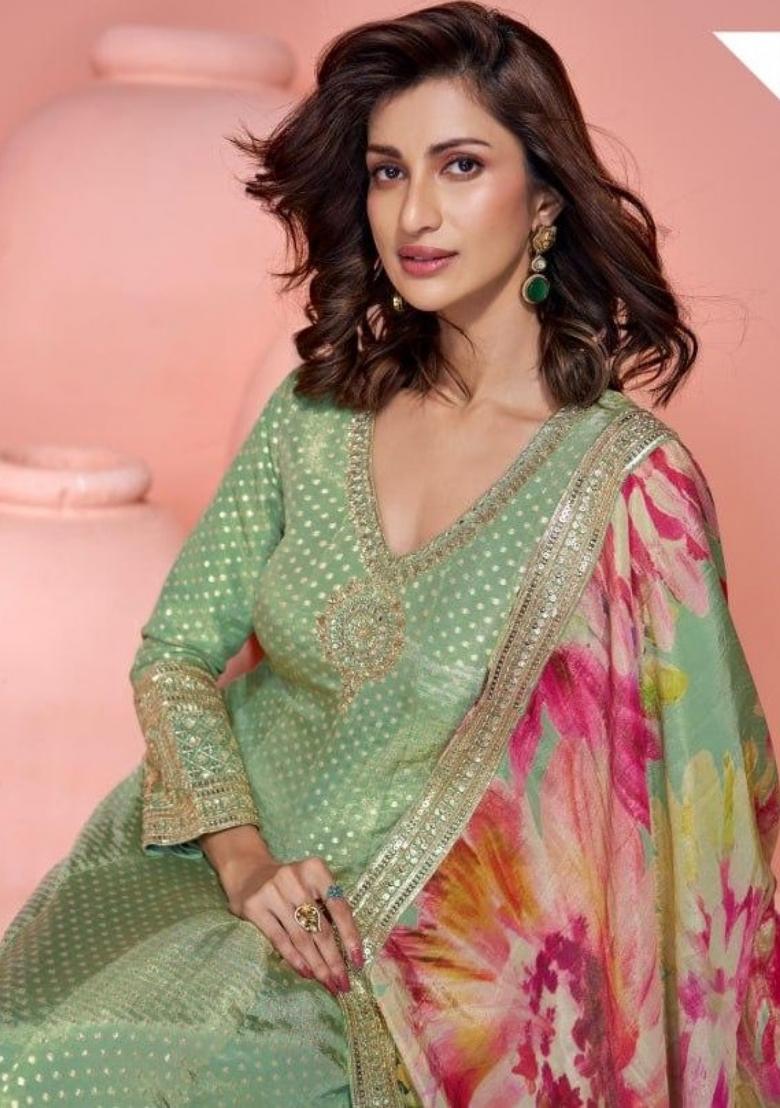 green Zari Work Shimmer Anarkali With Dupatta - Indya