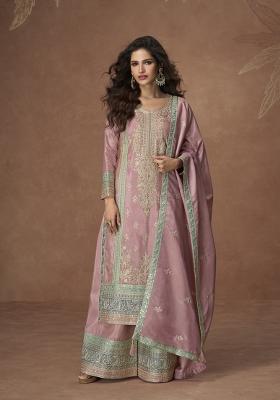 pink Zari Work Silk Salwar Suit