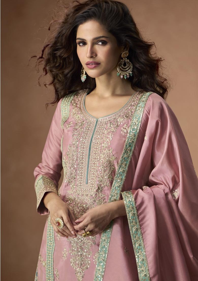 pink Zari Work Silk Blend Salwar Suit - Indya