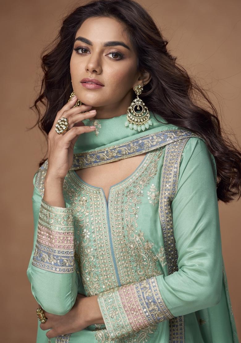sea green Zari Work Silk Blend Salwar Suit - Indya