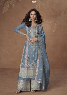 sky blue Zari Work Silk Salwar Suit