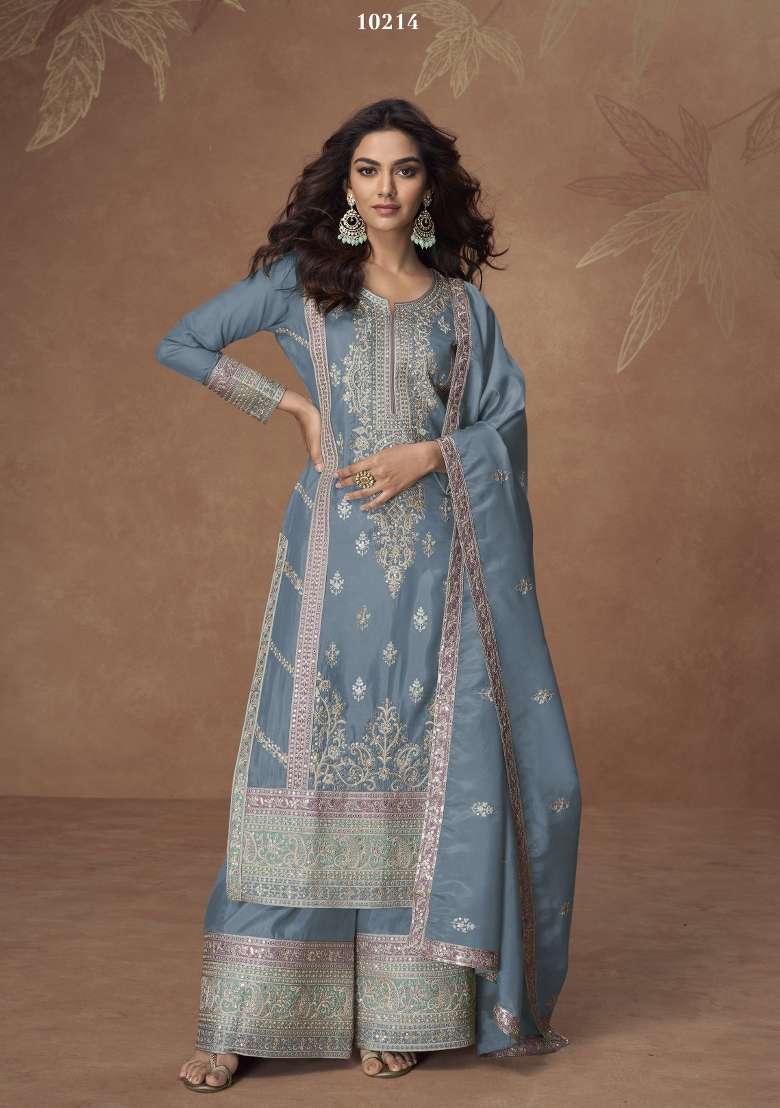 sky blue Zari Work Silk Blend Salwar Suit - Indya