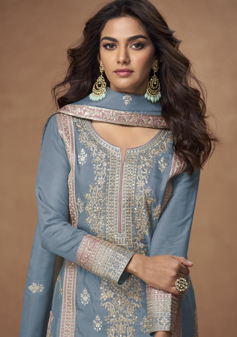sky blue Zari Work Silk Blend Salwar Suit - Indya