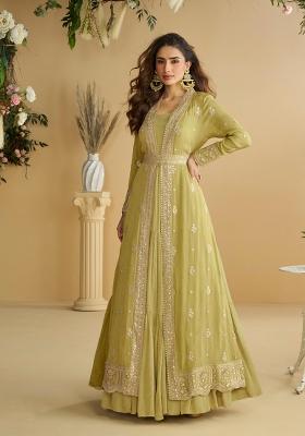 mustard Zari Work Silk Blend Anarkali With Long Jacket