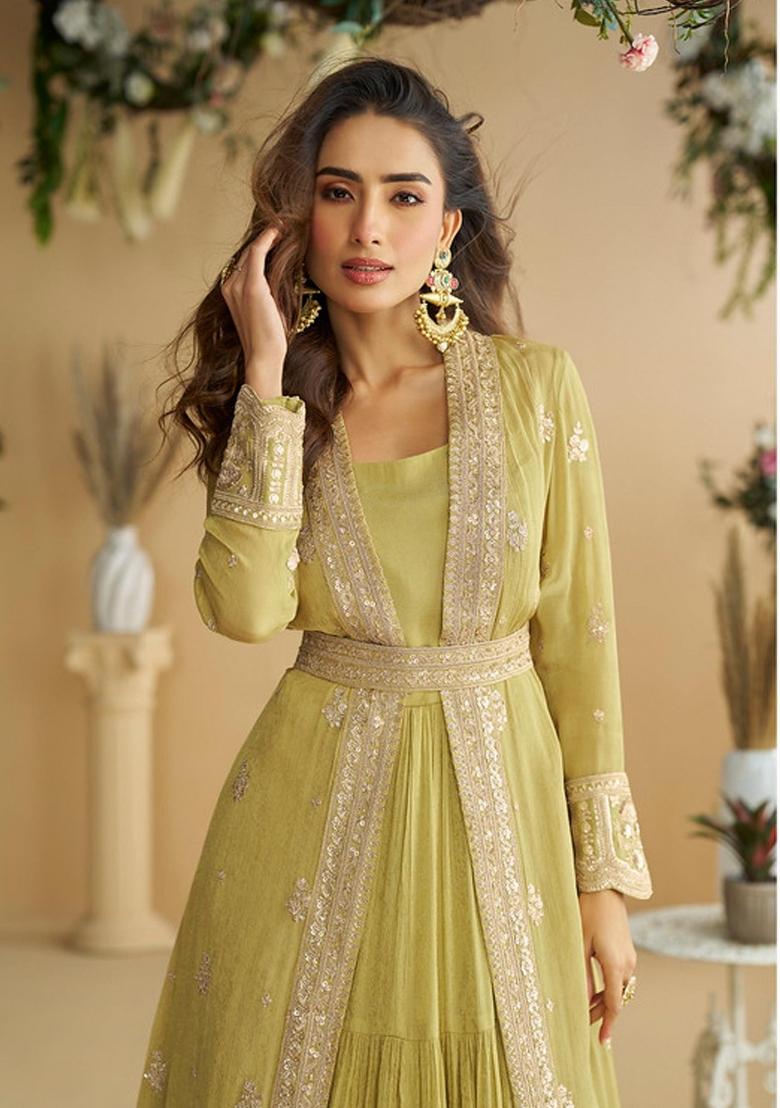 mustard Zari Work Silk Blend Anarkali With Long Jacket - Indya