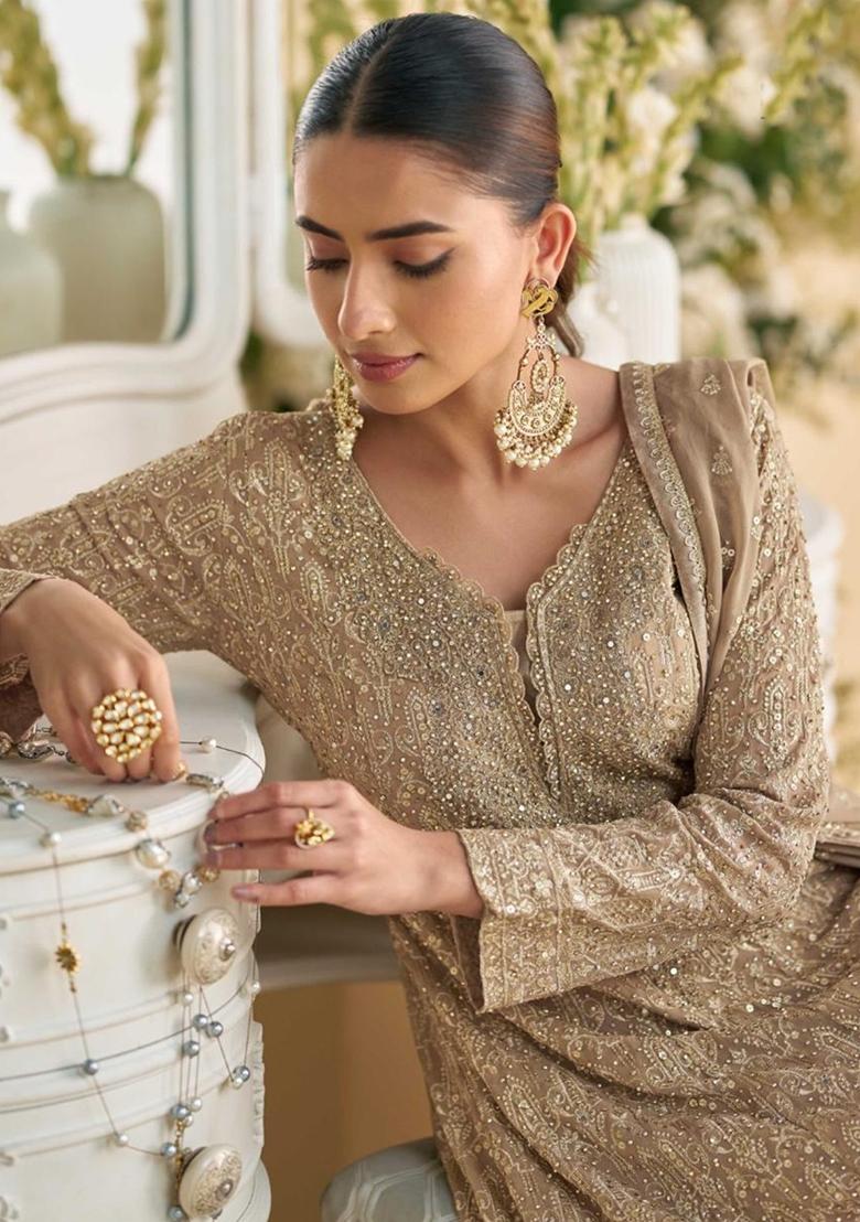 beige Zari Work Georgette Salwar Suit - Indya