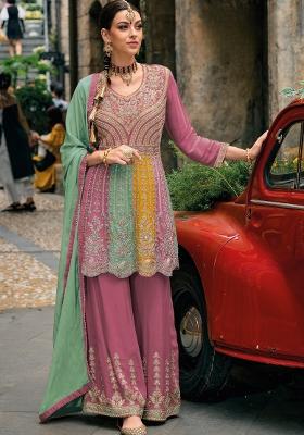 pink Zari Work Silk Salwar Suit