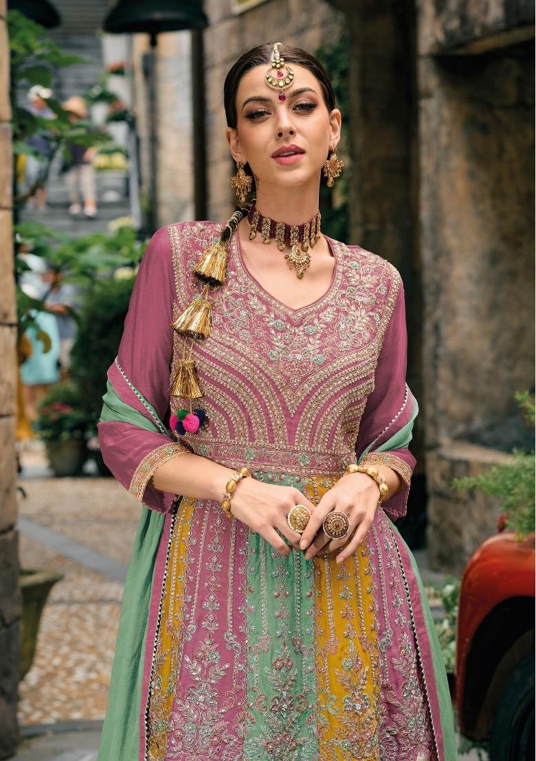 pink Zari Work Silk Blend Salwar Suit - Indya