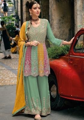 green Zari Work Silk Blend Salwar Suit