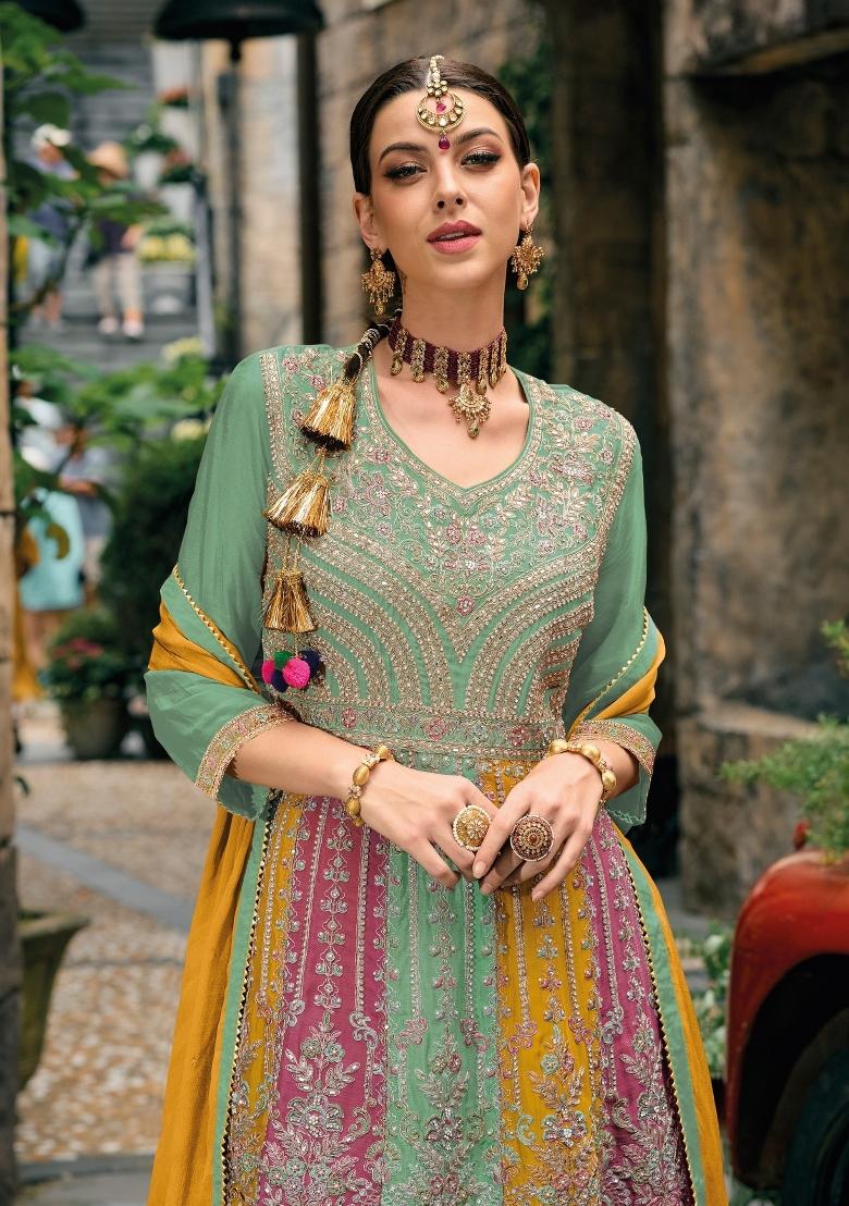 green Zari Work Silk Blend Salwar Suit - Indya
