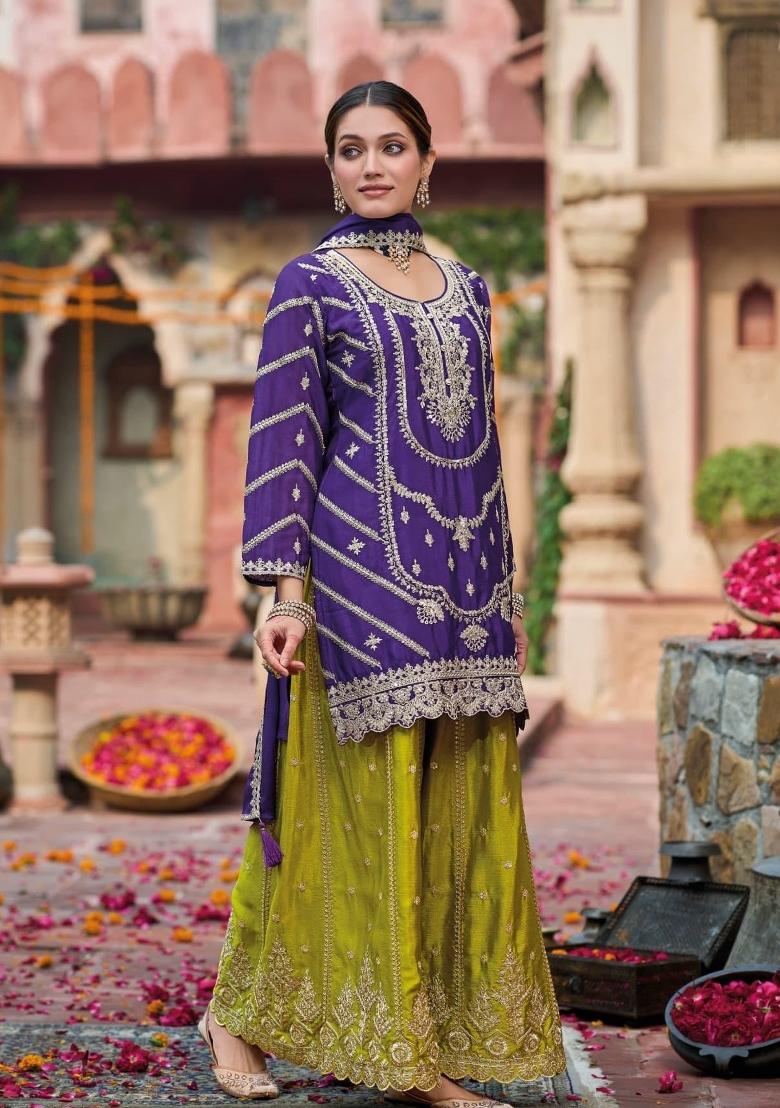 purple Zari Work Silk Blend Salwar Suit - Indya