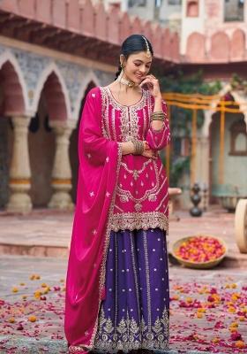 rani pink Zari Work Silk Salwar Suit