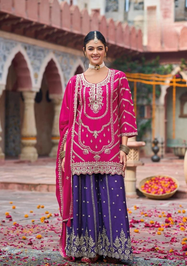 rani pink Zari Work Silk Blend Salwar Suit - Indya