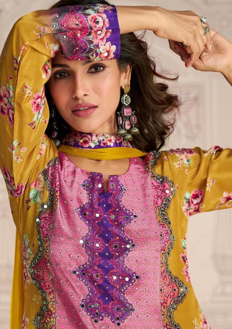 yellow Zari Work Crepe Salwar Kameez - Indya