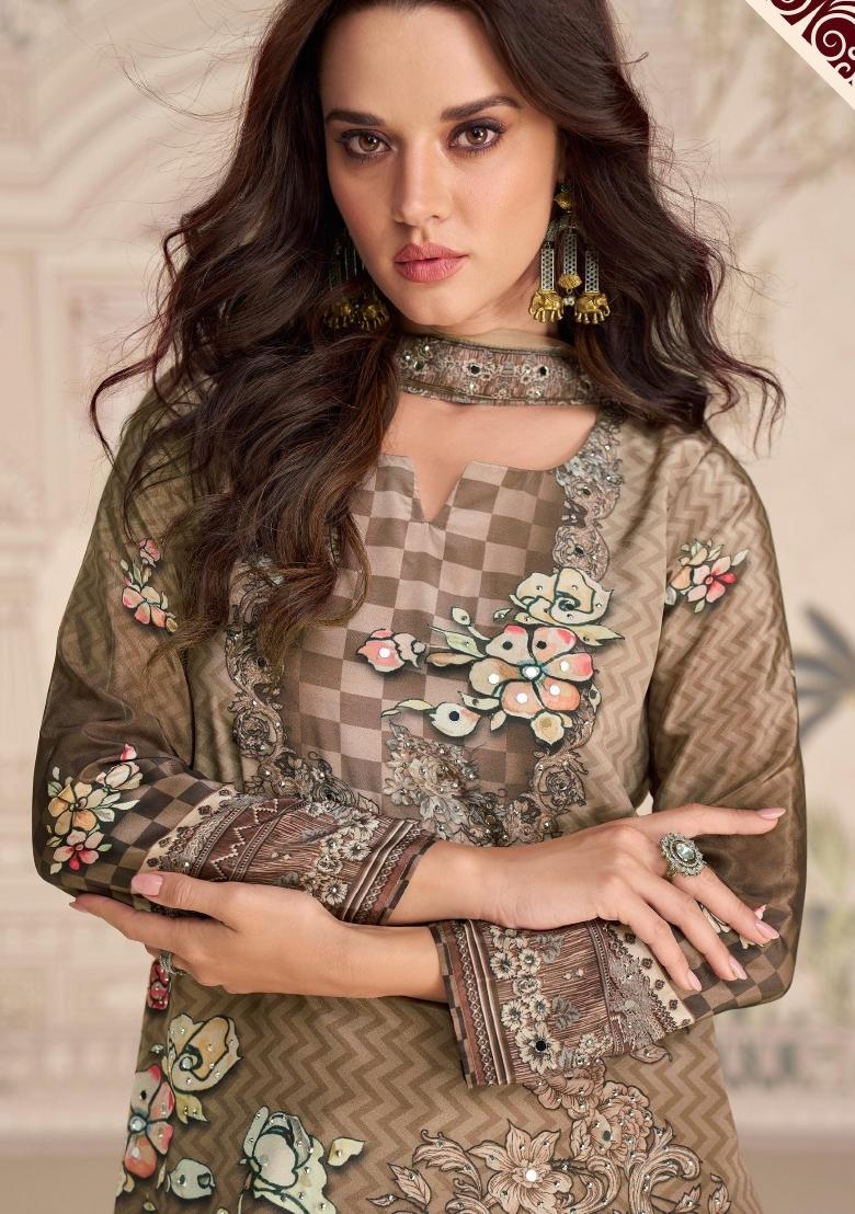 brown Zari Work Crepe Salwar Kameez - Indya