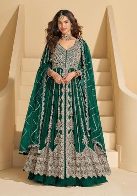 dark green Zari Work Silk Anarkali Set