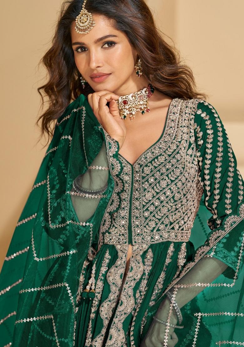 dark green Zari Work Silk Blend Anarkali Set - Indya
