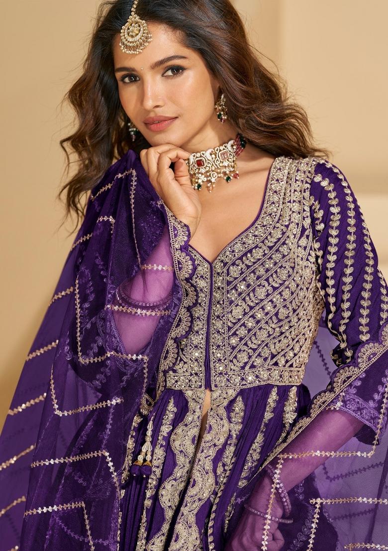 violet Zari Work Silk Blend Anarkali Set - Indya