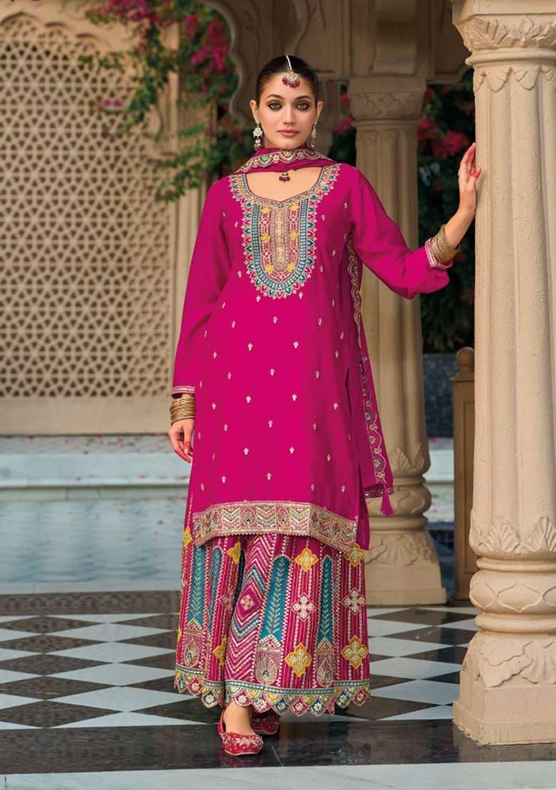 dark pink Zari Work Silk Blend Salwar Suit - Indya