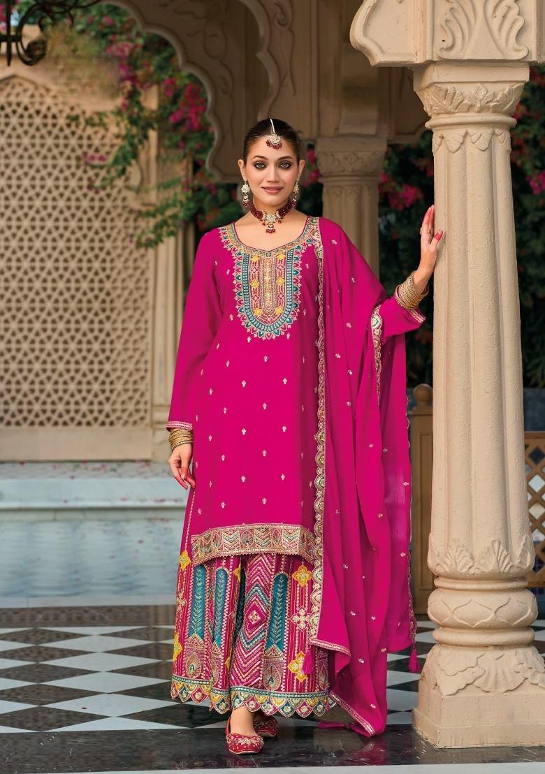 dark pink Zari Work Silk Blend Salwar Suit - Indya