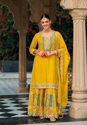 yellow Zari Work Silk Blend Salwar Suit