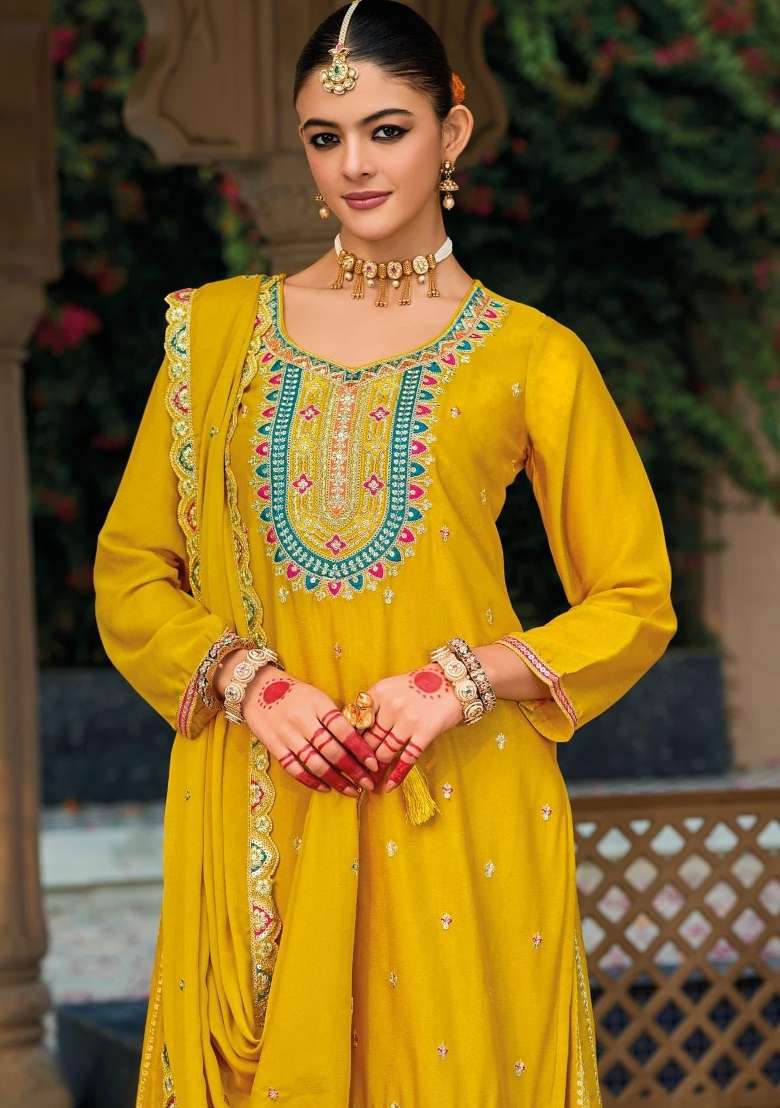 yellow Zari Work Silk Blend Salwar Suit - Indya