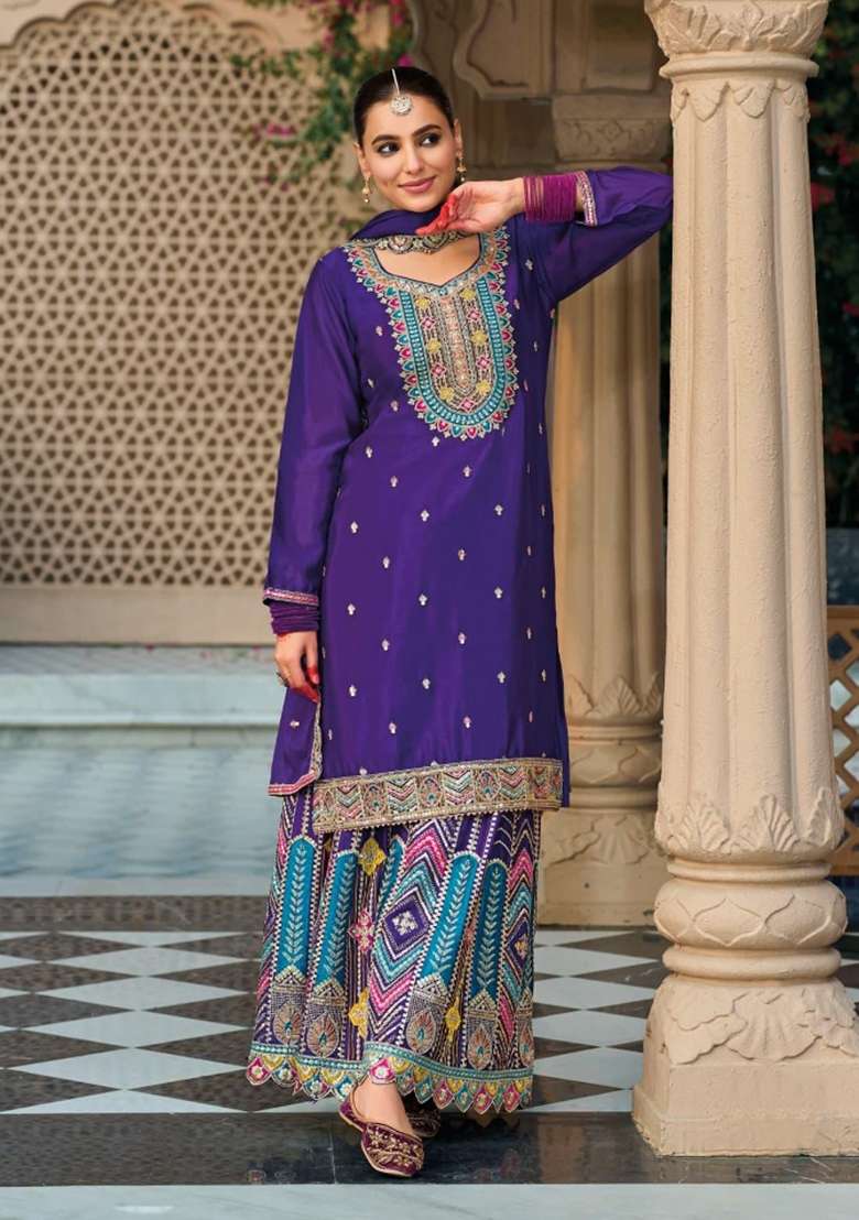 purple Zari Work Silk Blend Salwar Suit - Indya