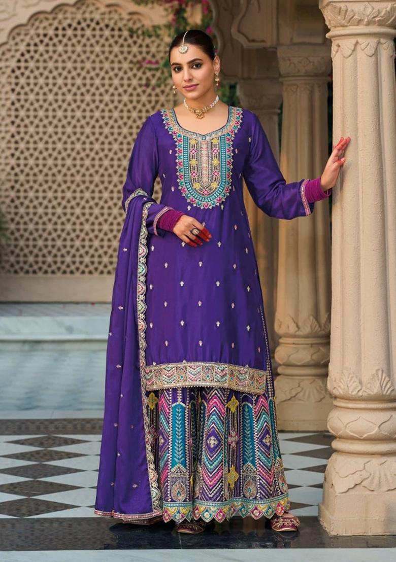purple Zari Work Silk Blend Salwar Suit - Indya