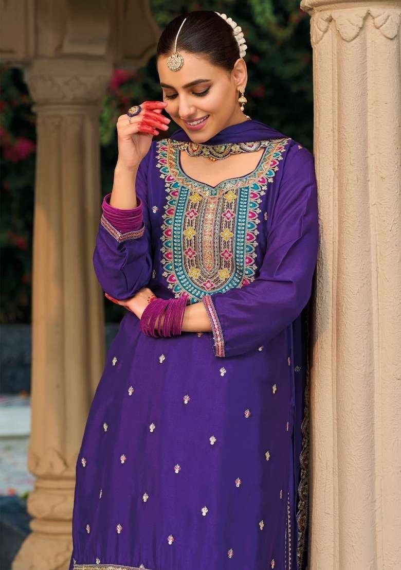 purple Zari Work Silk Blend Salwar Suit - Indya