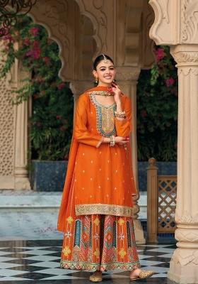 orange Zari Work Silk Blend Salwar Suit
