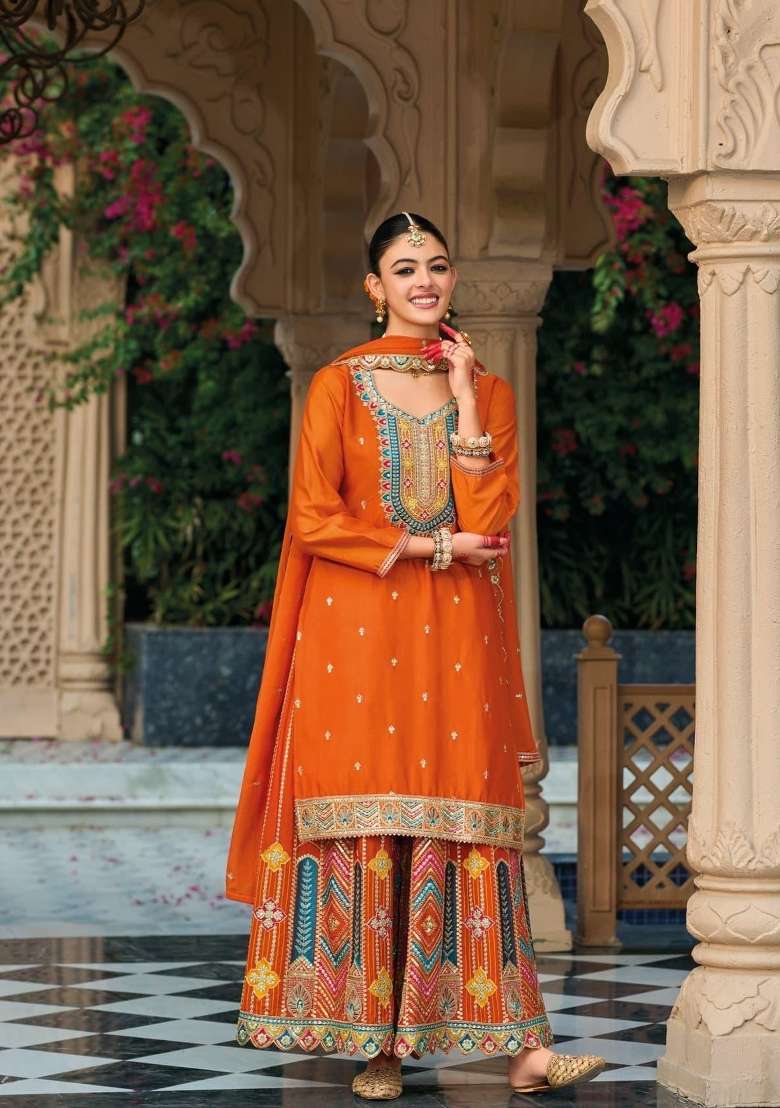 orange Zari Work Silk Blend Salwar Suit - Indya