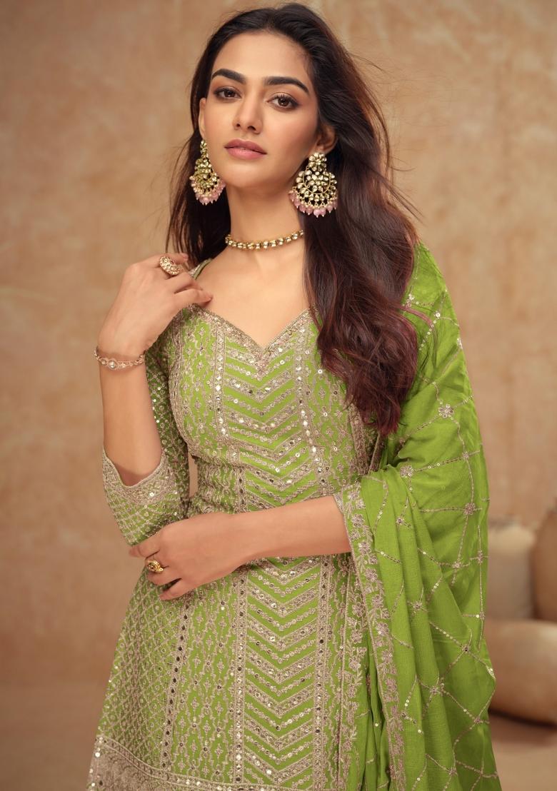 green Zari Work Silk Blend Salwar Suit - Indya