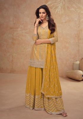 yellow Zari Work Silk Blend Salwar Suit