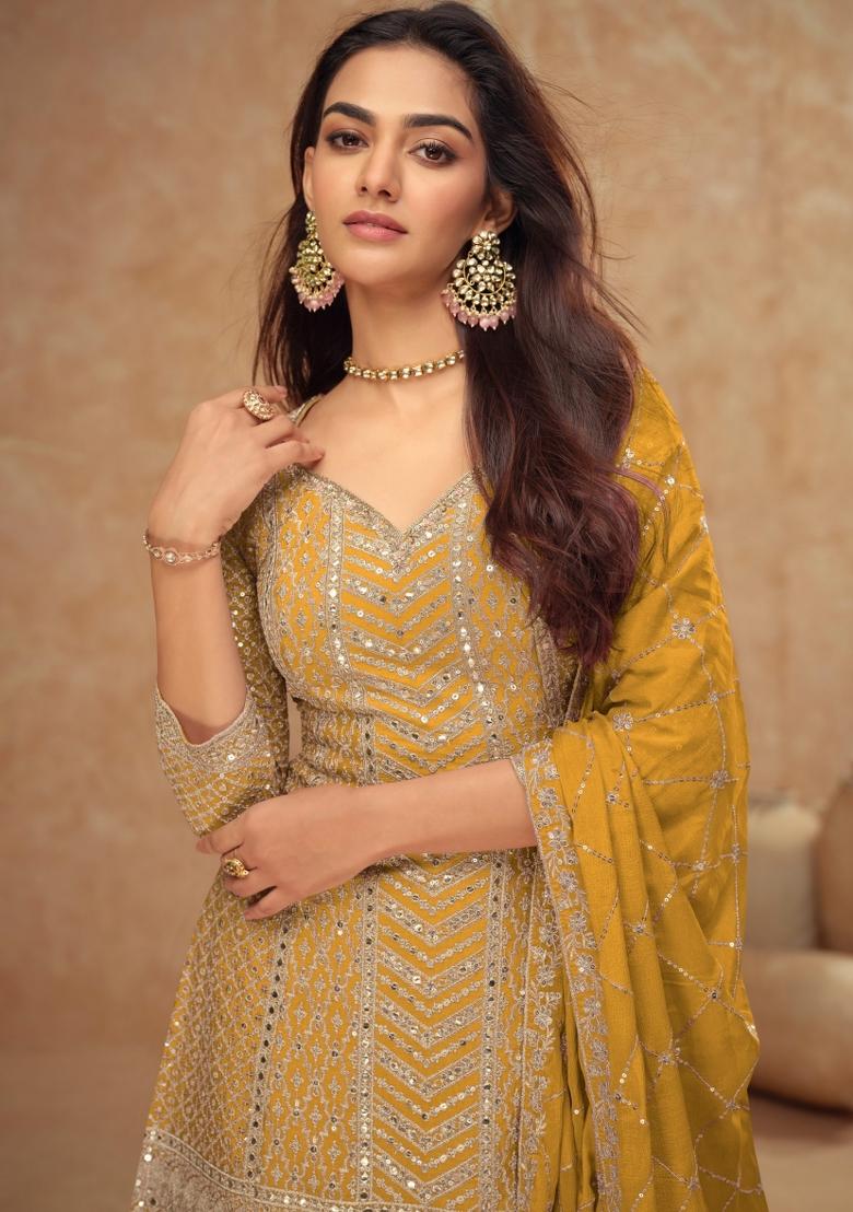 yellow Zari Work Silk Blend Salwar Suit - Indya