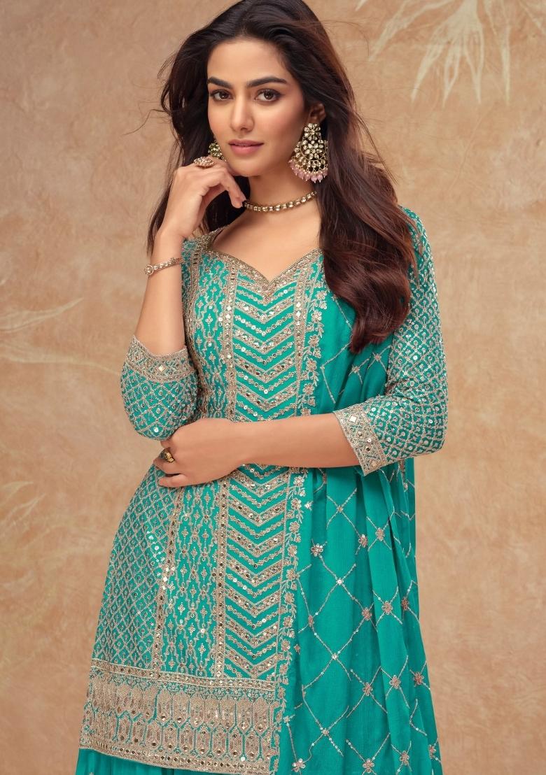 sky blue Zari Work Silk Blend Salwar Suit - Indya