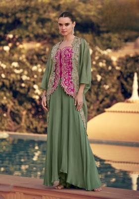 rani pink Zari Work Silk Indo Western Set