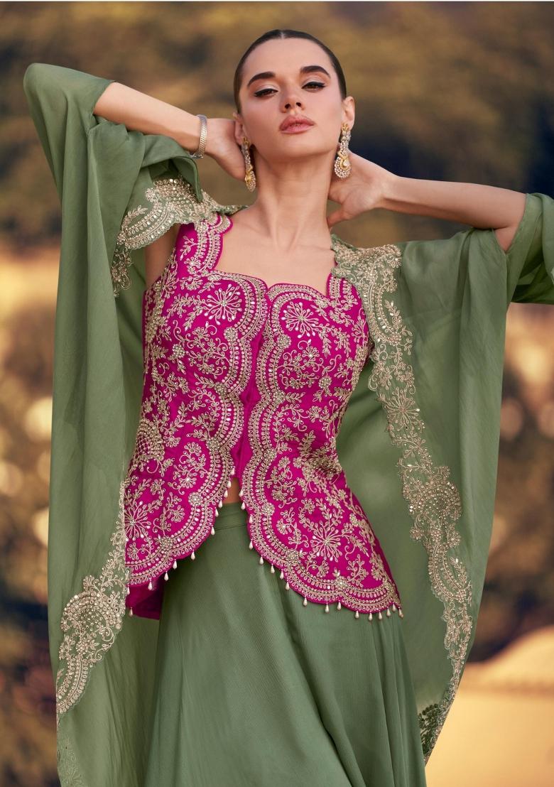 rani pink Zari Work Silk Indo Western Set - Indya