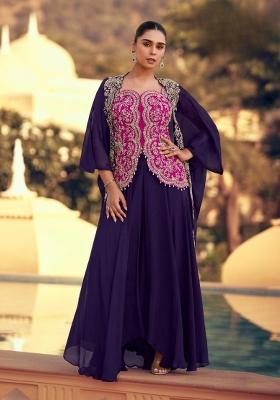 rani pink Zari Work Silk Indo Western Set