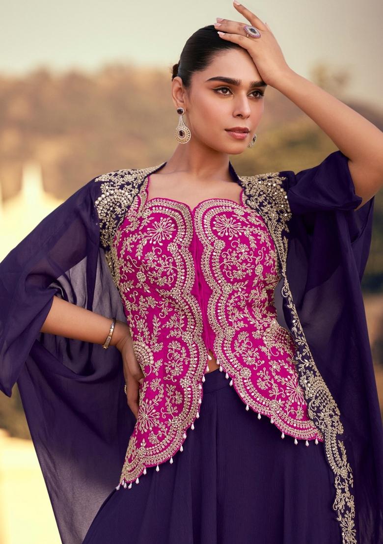 rani pink Zari Work Silk Indo Western Set - Indya