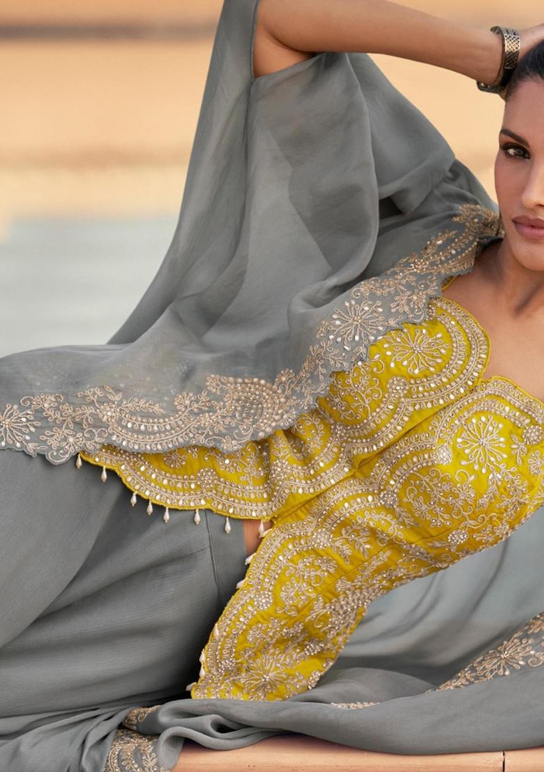 yellow Zari Work Silk Indo Western Set - Indya