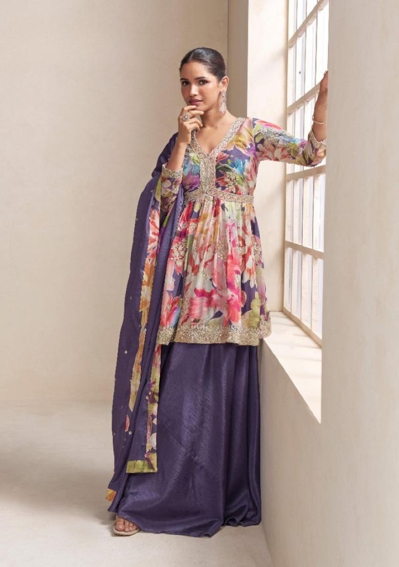multicolor Zari Work Silk Blend Salwar Kameez - Indya