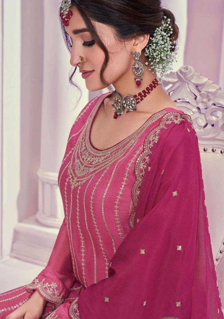 pink Zari Work Silk Blend Salwar Suit - Indya