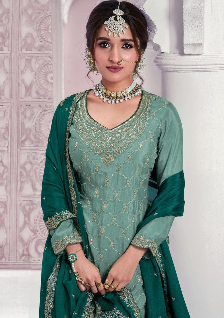 sky blue Zari Work Silk Blend Salwar Suit - Indya