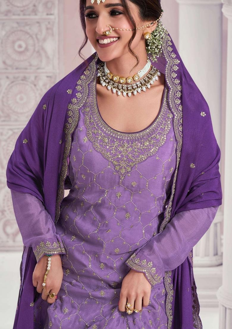 lavender Zari Work Silk Blend Salwar Suit - Indya