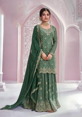dark green Zari Work Silk Salwar Suit