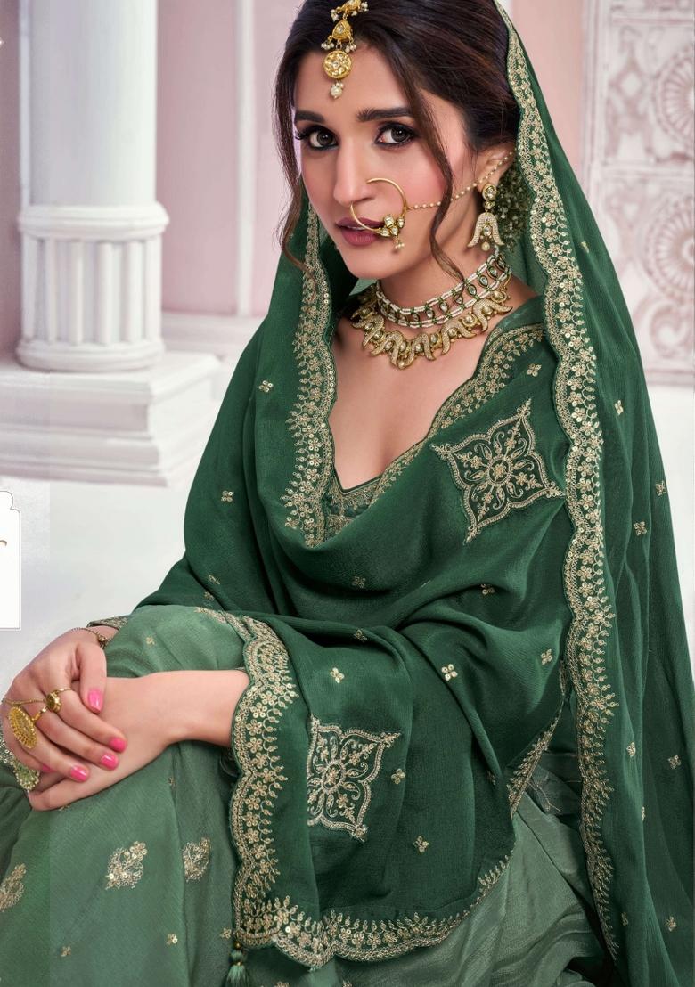 dark green Zari Work Silk Blend Salwar Suit - Indya