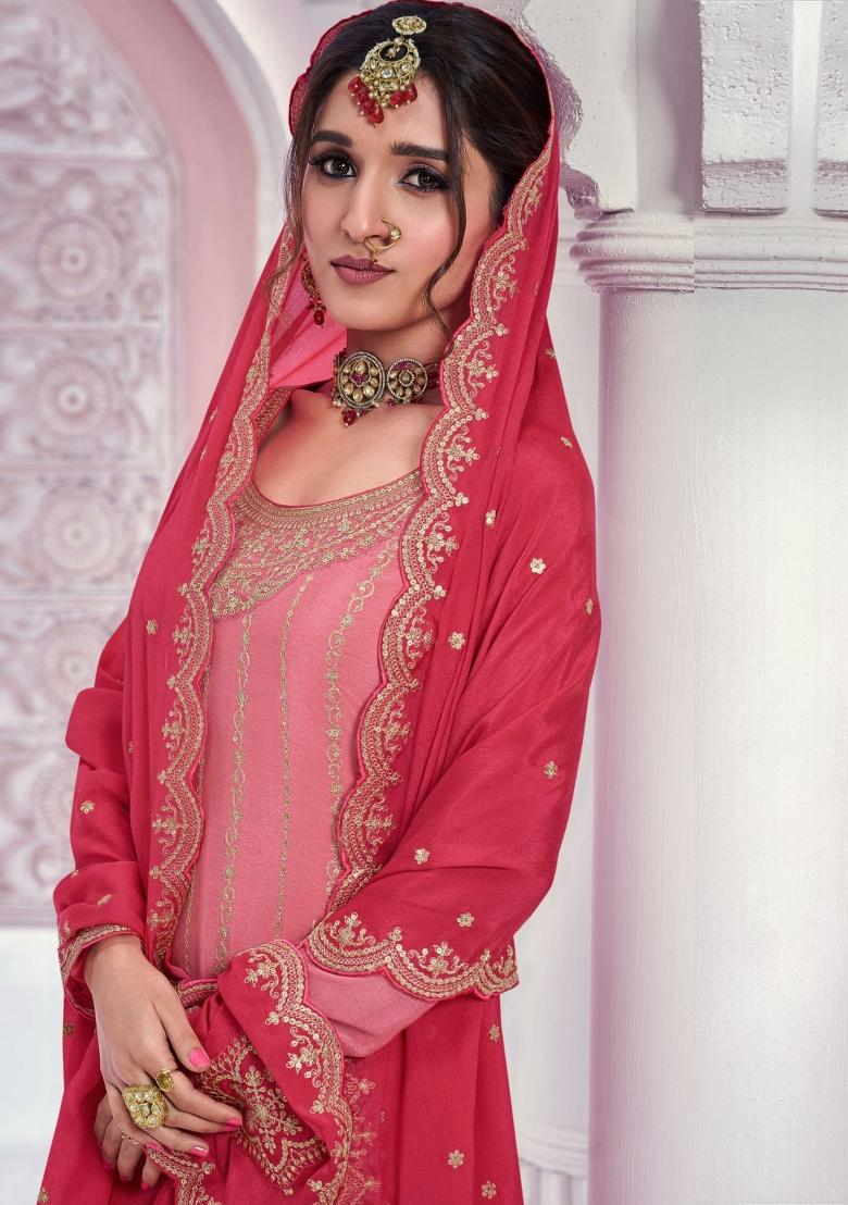 peach Zari Work Silk Blend Salwar Suit - Indya