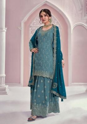 blue Zari Work Silk Blend Salwar Suit