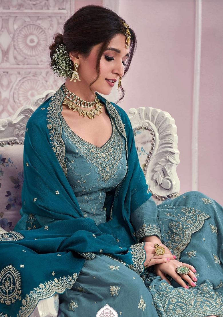 blue Zari Work Silk Blend Salwar Suit - Indya